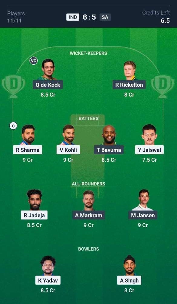 IND vs SA Dream11 prediction team IND vs SA Dream11 prediction team